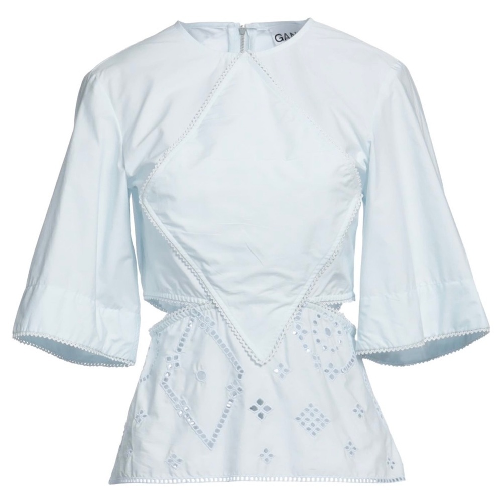 NWT GANNI Organic Cotton Short Sleeve Side Cutout Embroidered Eyelet Top S - Picture 13 of 14